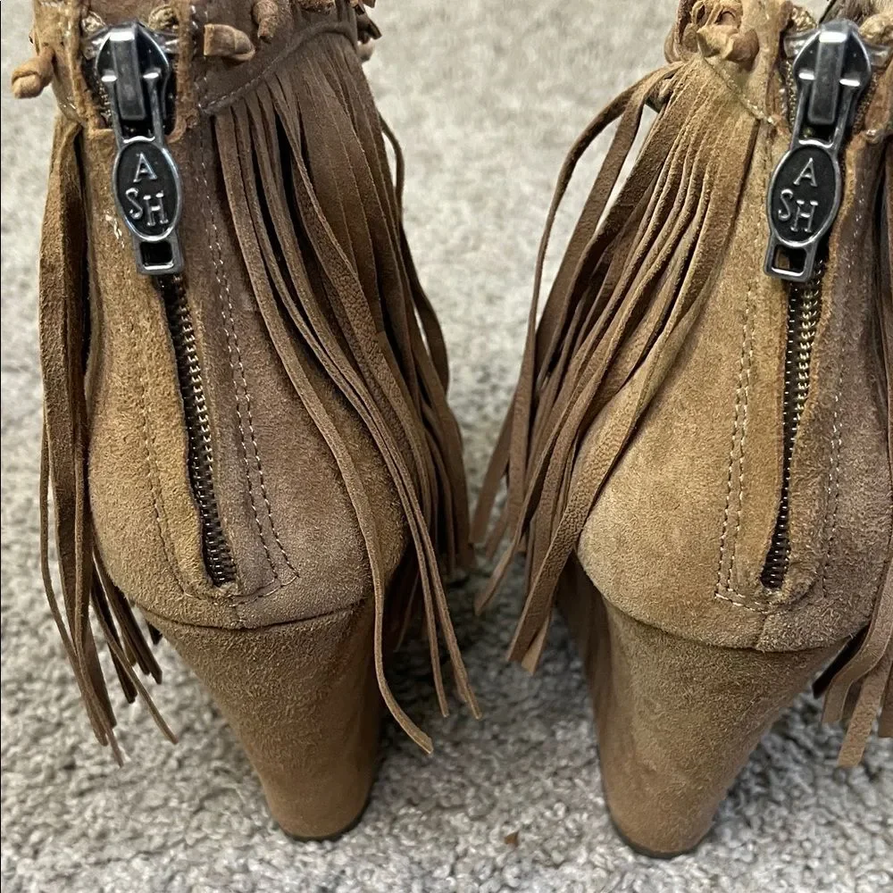 Ash Janis Brown Tan Suede Fringe Peep-Toe Wedge Booties Festival 40 US 9.5 10